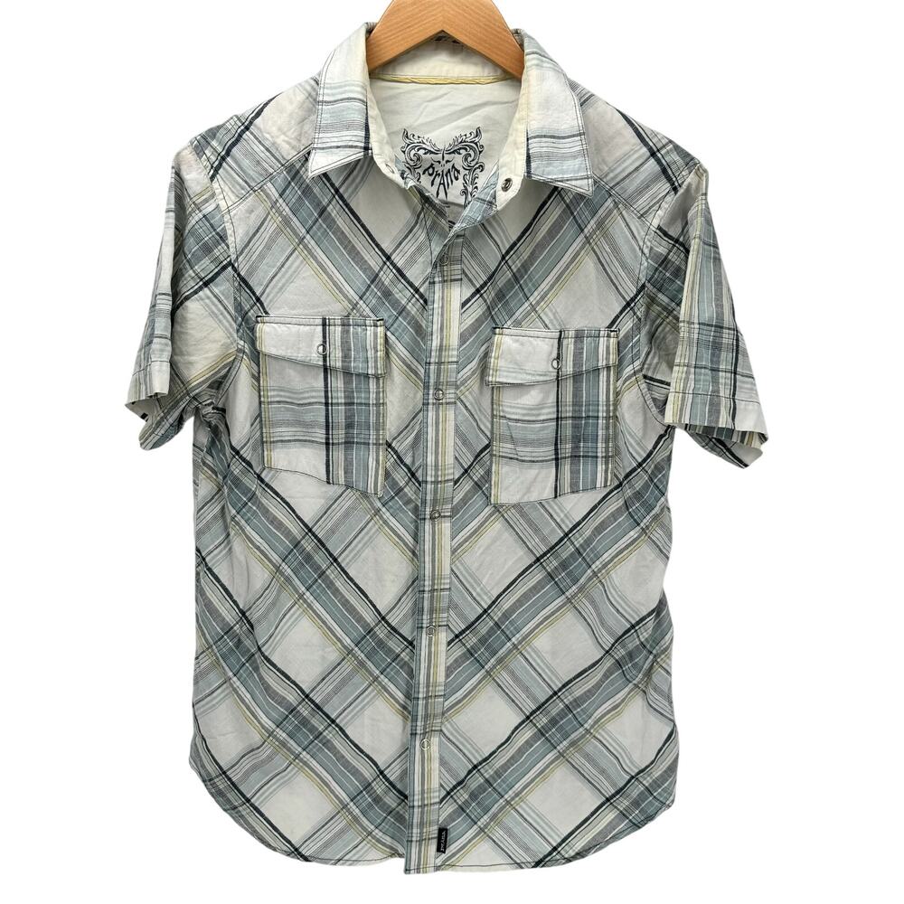 prAna Shirt Mens Medium Snap Up Short Sleeve‎ Blue Green Plaid Organic Cotton